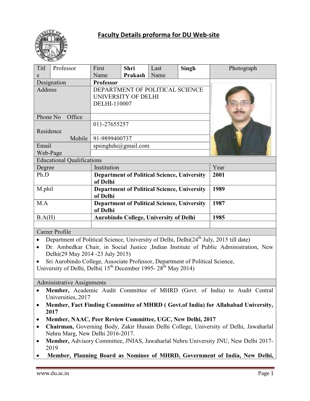 Faculty Details Proforma for DU Web-Site