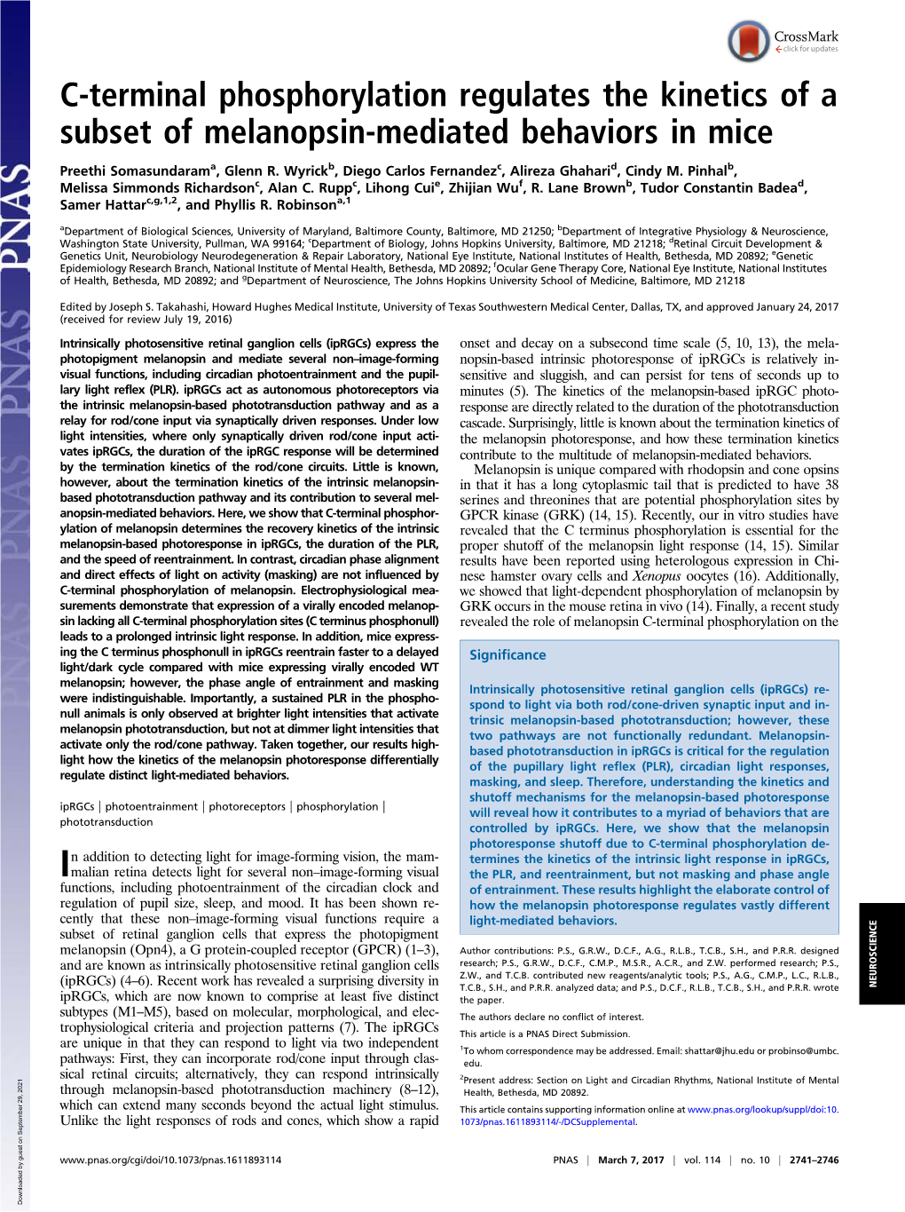 C-Terminal Phosphorylation Regulates the Kinetics of a Subset of Melanopsin-Mediated Behaviors in Mice