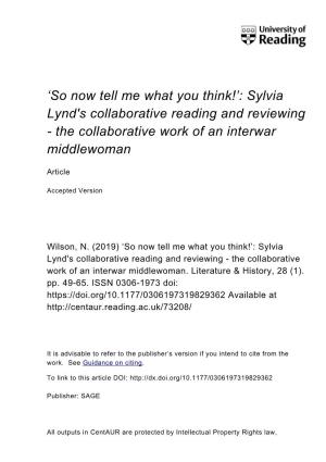Sylvia Lynd's Collaborative Reading and Reviewing - the Collaborative Work of an Interwar Middlewoman