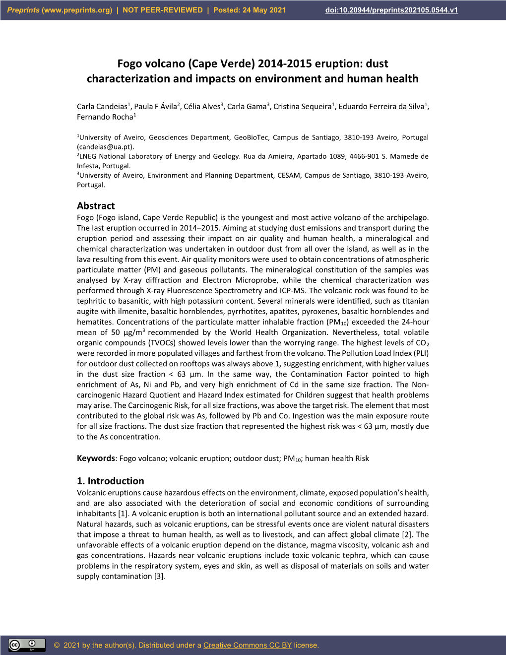 Fogo Volcano (Cape Verde) 2014-2015 Eruption: Dust Characterization and Impacts on Environment and Human Health