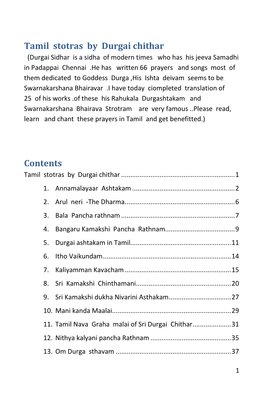 Tamil Stotras by Durgai Chithar Contents