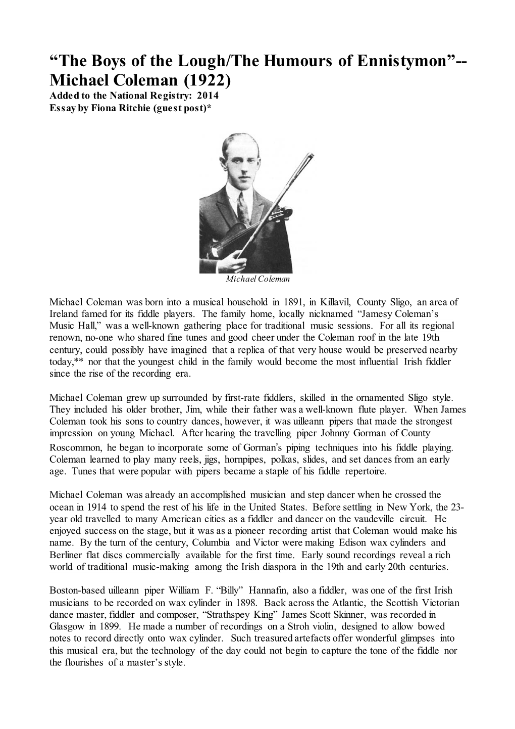 Boys of the Lough/The Humours of Ennistymon”-- Michael Coleman (1922) Added to the National Registry: 2014 Essay by Fiona Ritchie (Guest Post)*