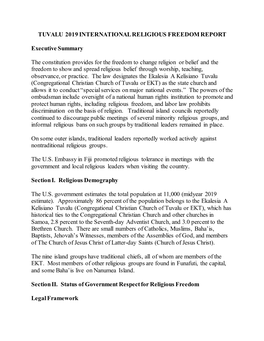 Tuvalu 2019 International Religious Freedom Report