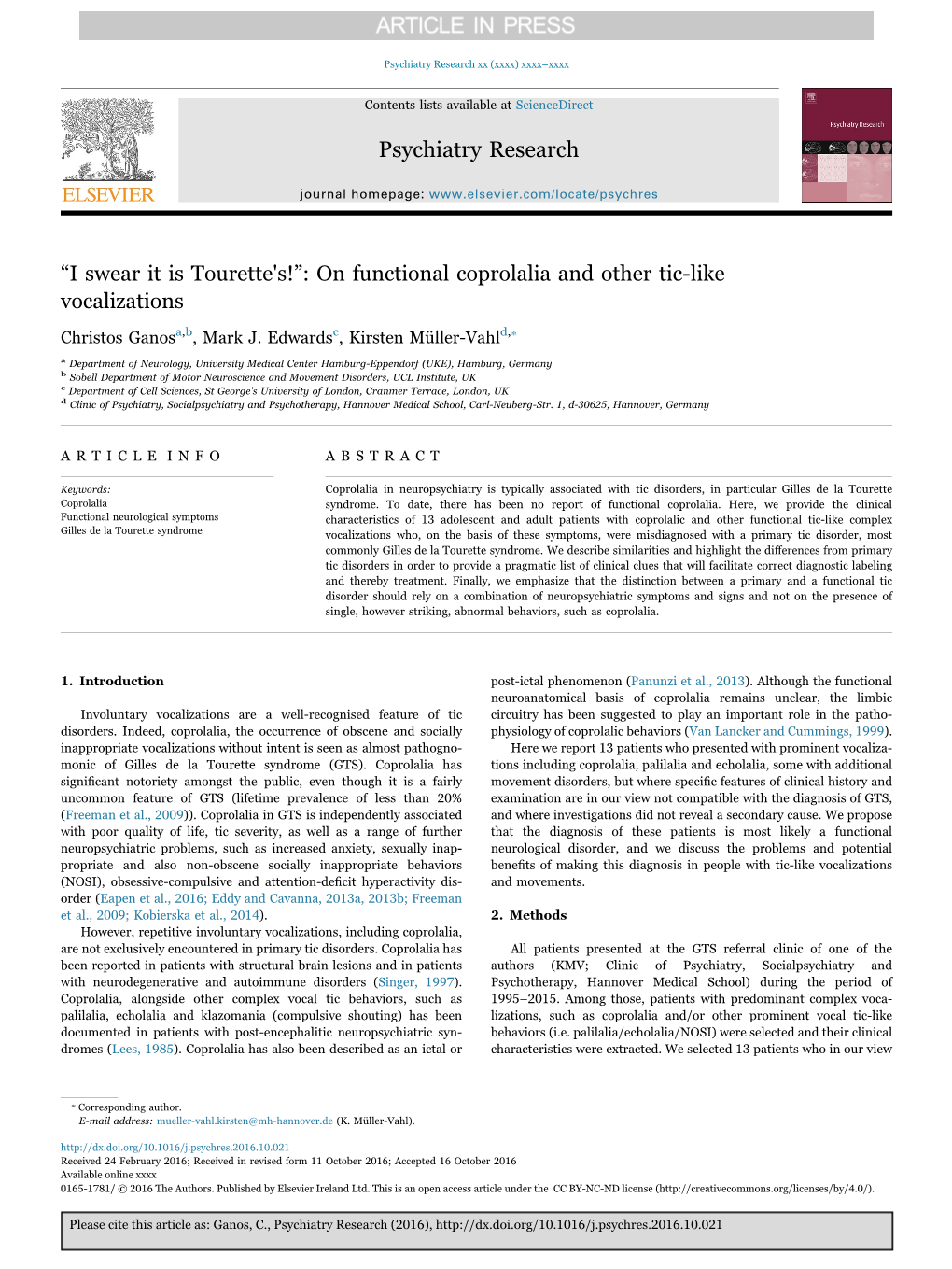 On Functional Coprolalia and Other Tic-Like Vocalizations ⁎ Christos Ganosa,B, Mark J