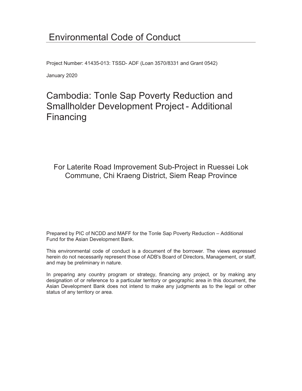 Tonle Sap Poverty Reduction and Smallholder Development Project - Additional Financing