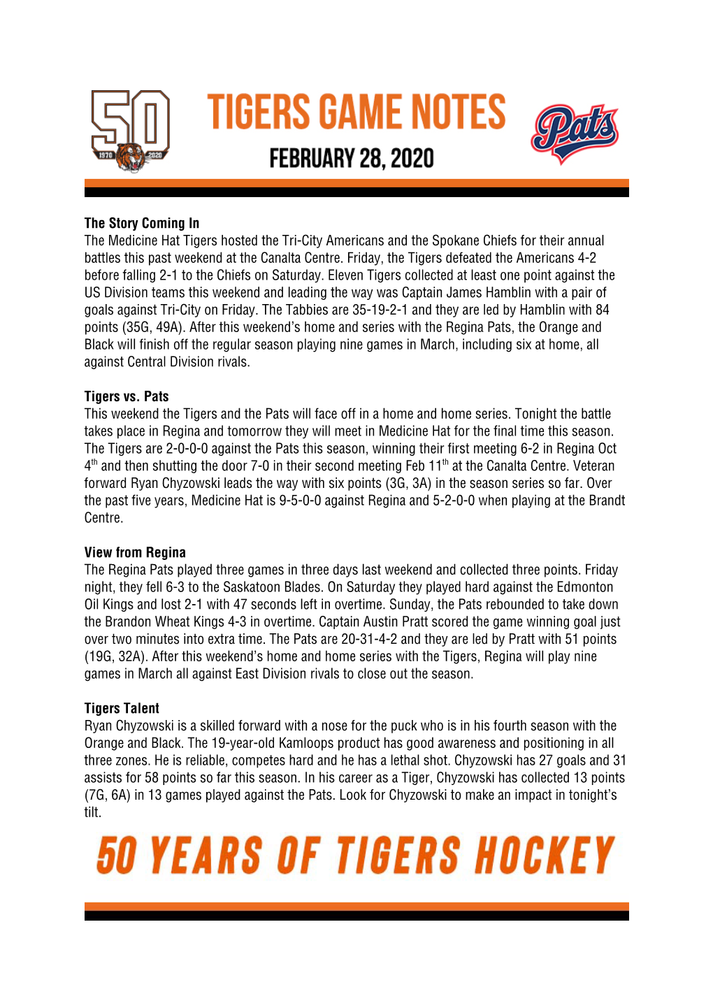 The Story Coming in the Medicine Hat Tigers Hosted the Tri-City Americans and the Spokane Chiefs for Their Annual Battles This Past Weekend at the Canalta Centre