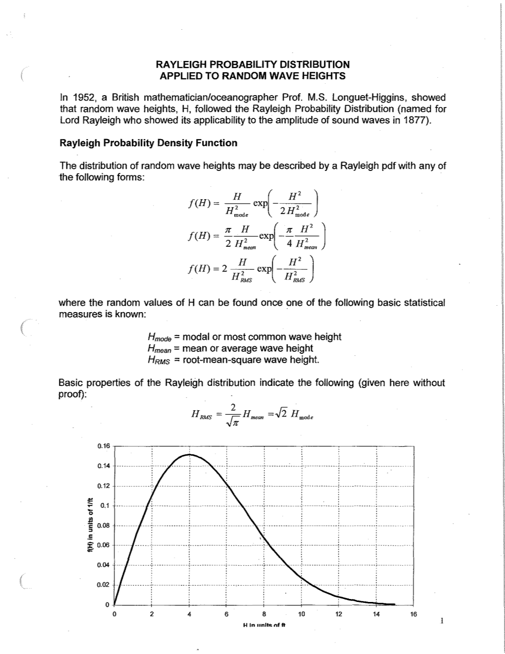 Rayleigh Probability Distribution Applied to Random Wave Heights