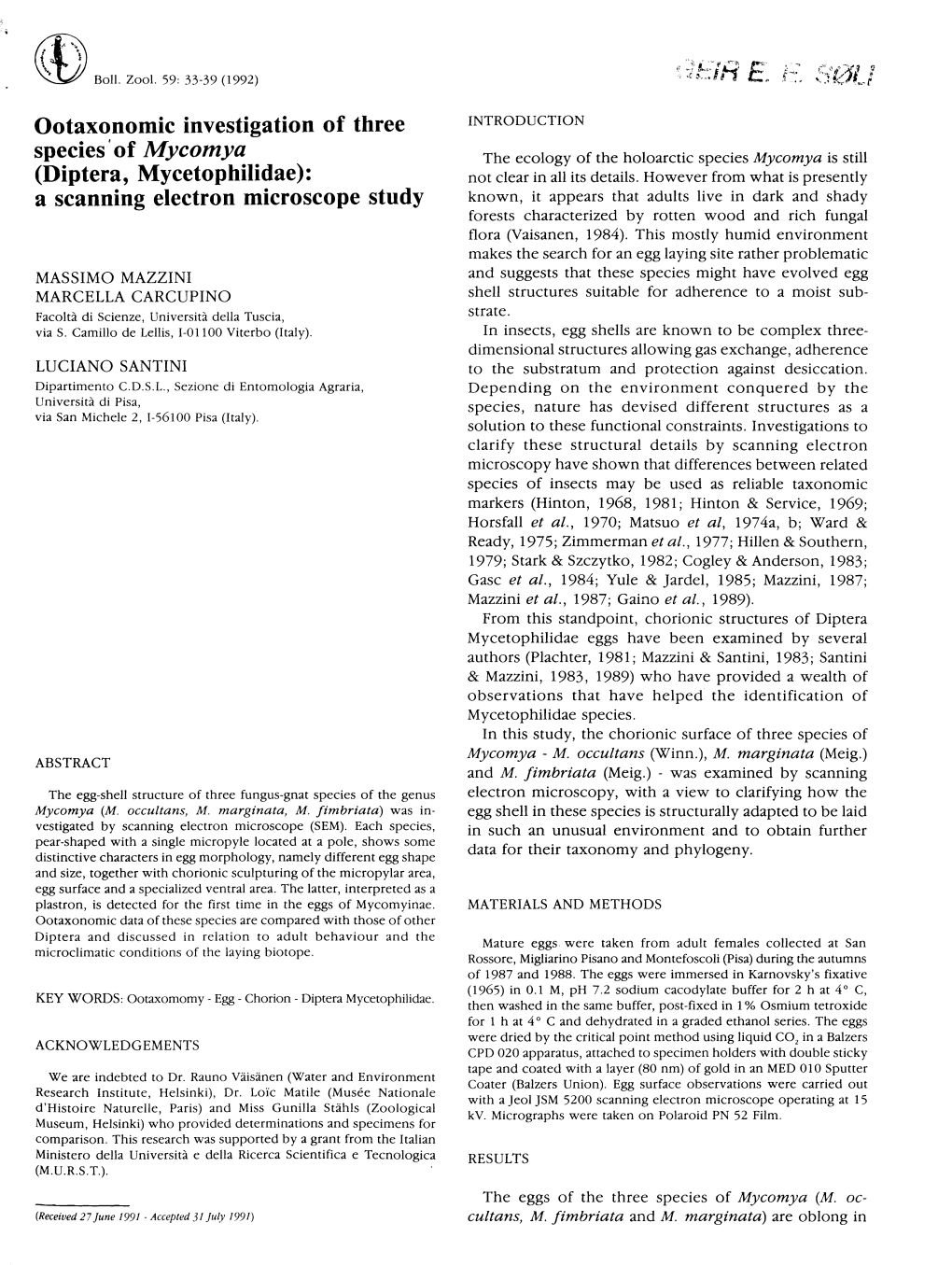 Ootaxonomic Investigation of Three (Diptera, Mycetophilidae): A