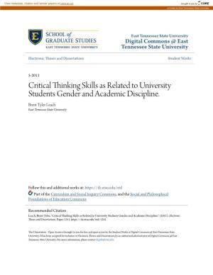 Critical Thinking Skills As Related to University Students Gender and Academic Discipline