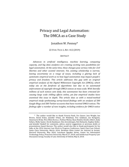 Privacy and Legal Automation: the DMCA As a Case Study