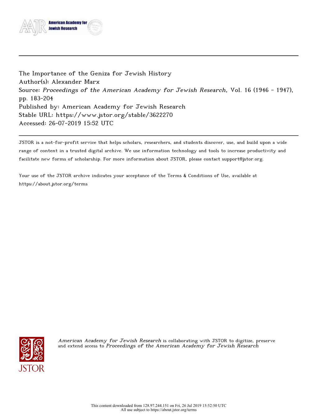 The Importance of the Geniza for Jewish History Author(S): Alexander Marx Source: Proceedings of the American Academy for Jewish Research, Vol