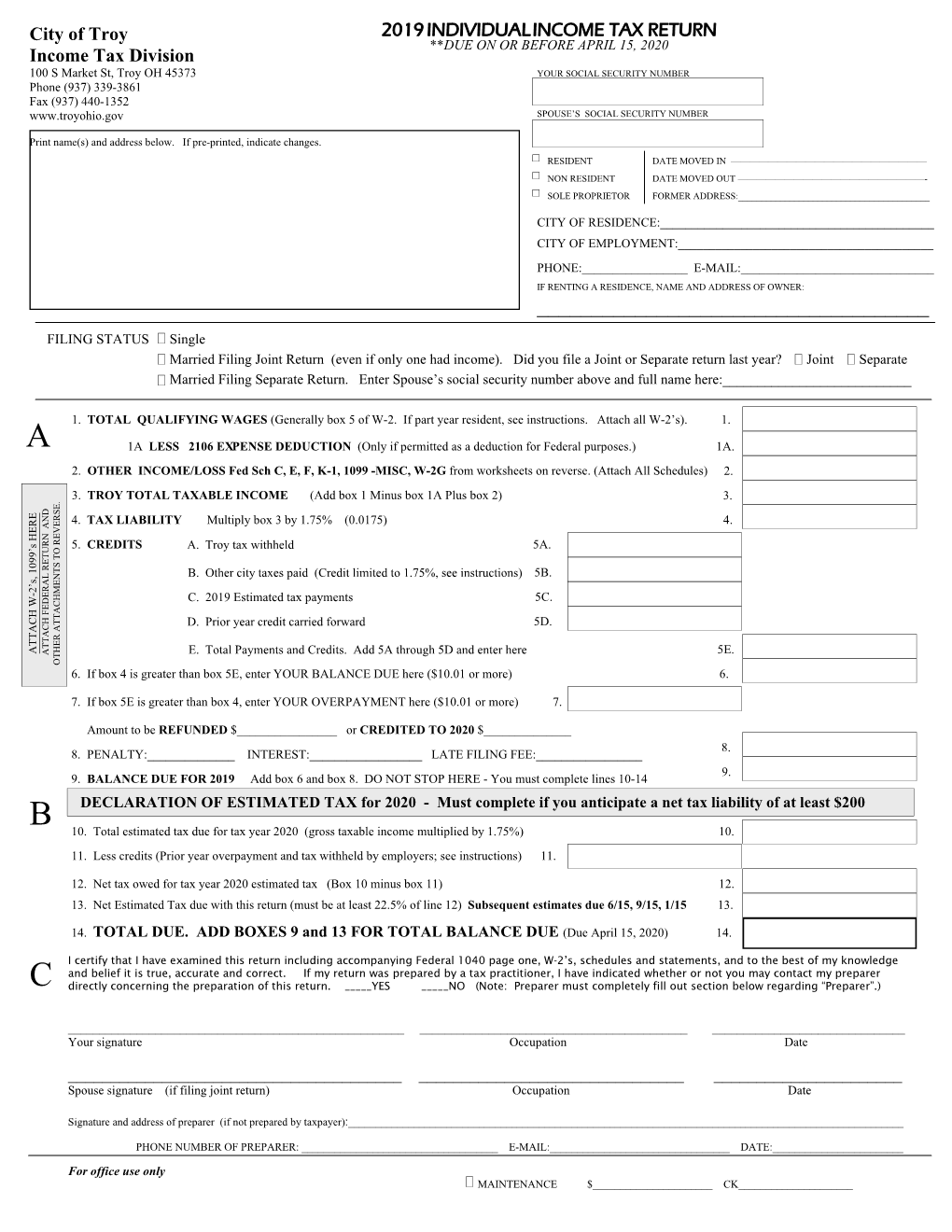 2019 INDIVIDUAL INCOME TAX RETURN City of Troy