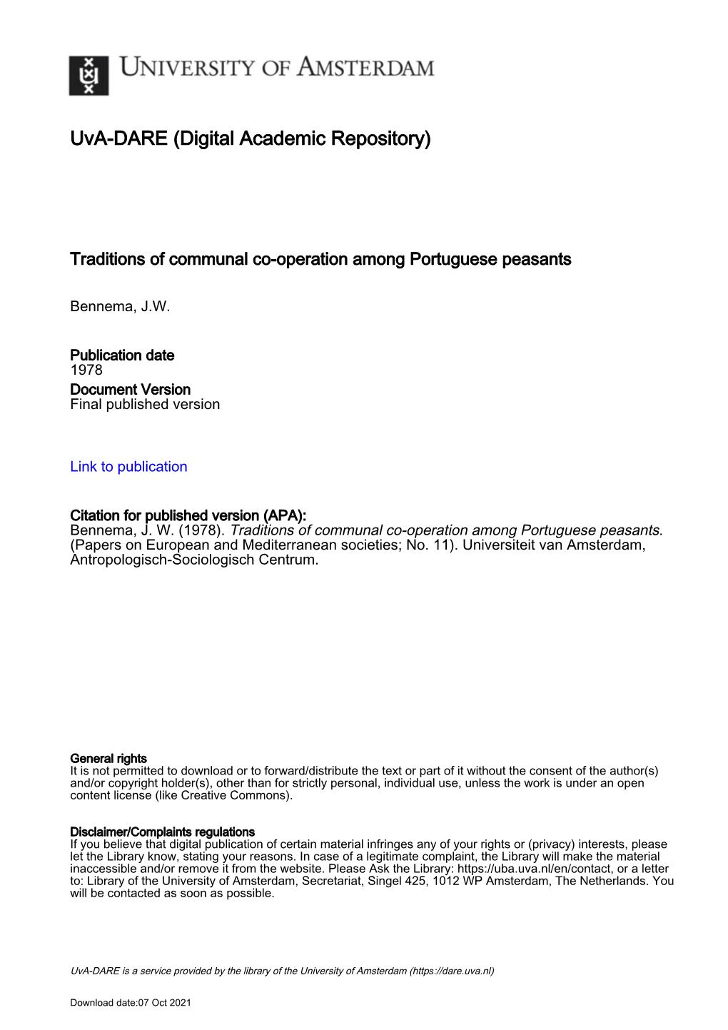 Traditions of Communal Co-Operation Among Portuguese Peasants