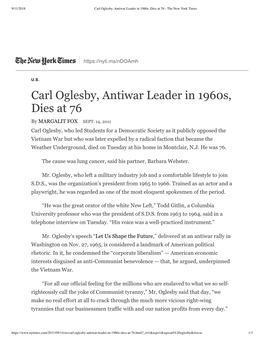 Carl Oglesby, Antiwar Leader in 1960S, Dies at 76 - the New York Times