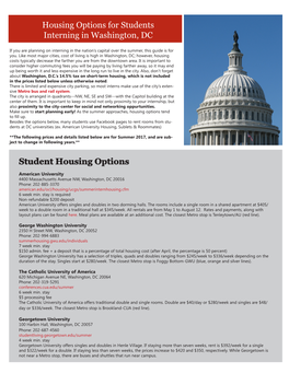 Housing Options for Students Interning in Washington, DC