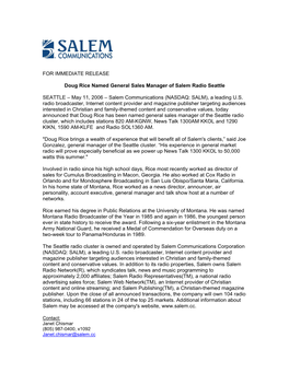 FOR IMMEDIATE RELEASE Doug Rice Named General Sales Manager of Salem Radio Seattle SEATTLE