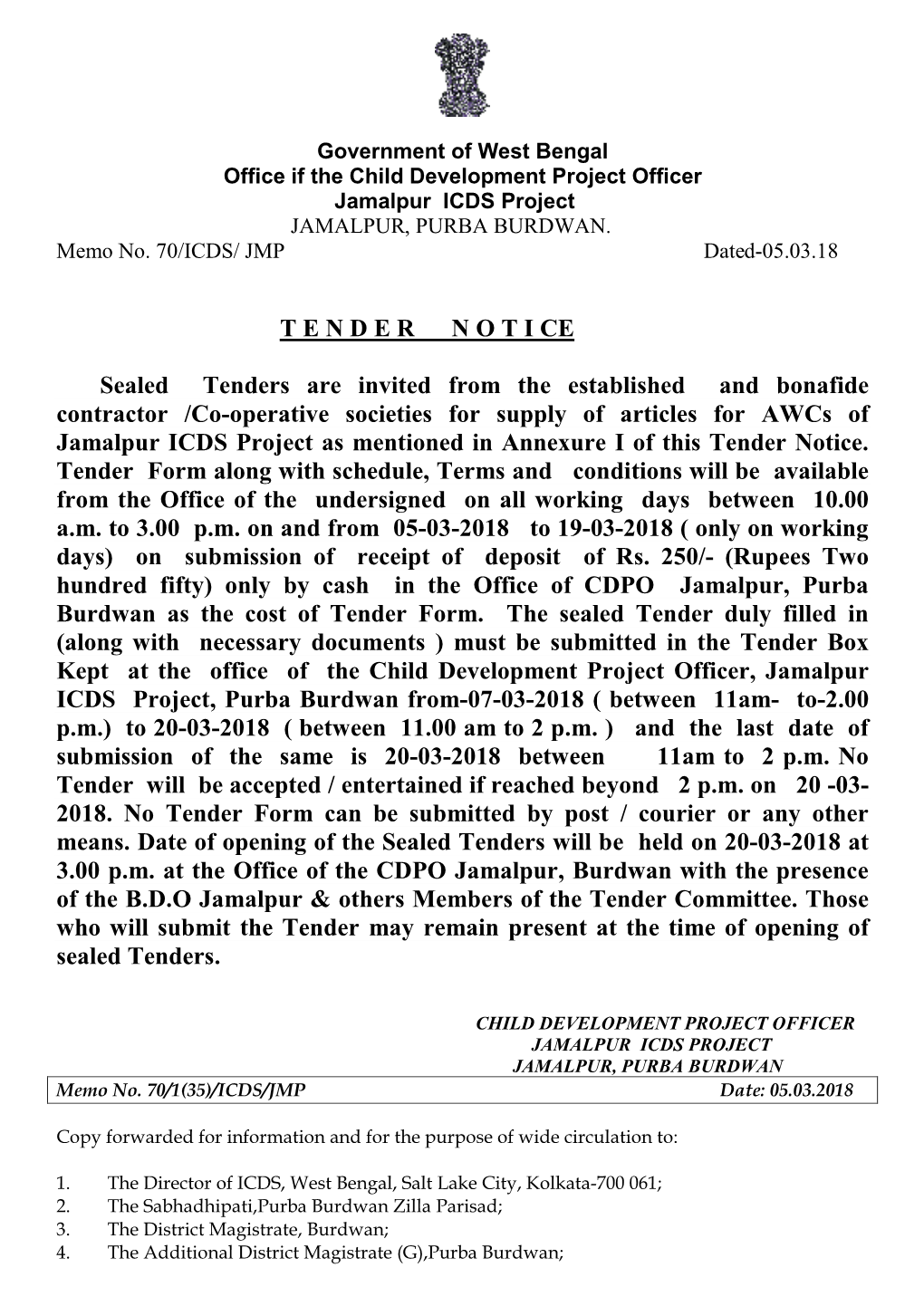 T E N D E R N O T I CE Sealed Tenders Are Invited