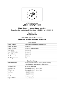 LIFE09 NAT/PL/000260 Final Report - Abbreviated Version Covering the Project Activities from 1/09/2010 to 31/03/2015