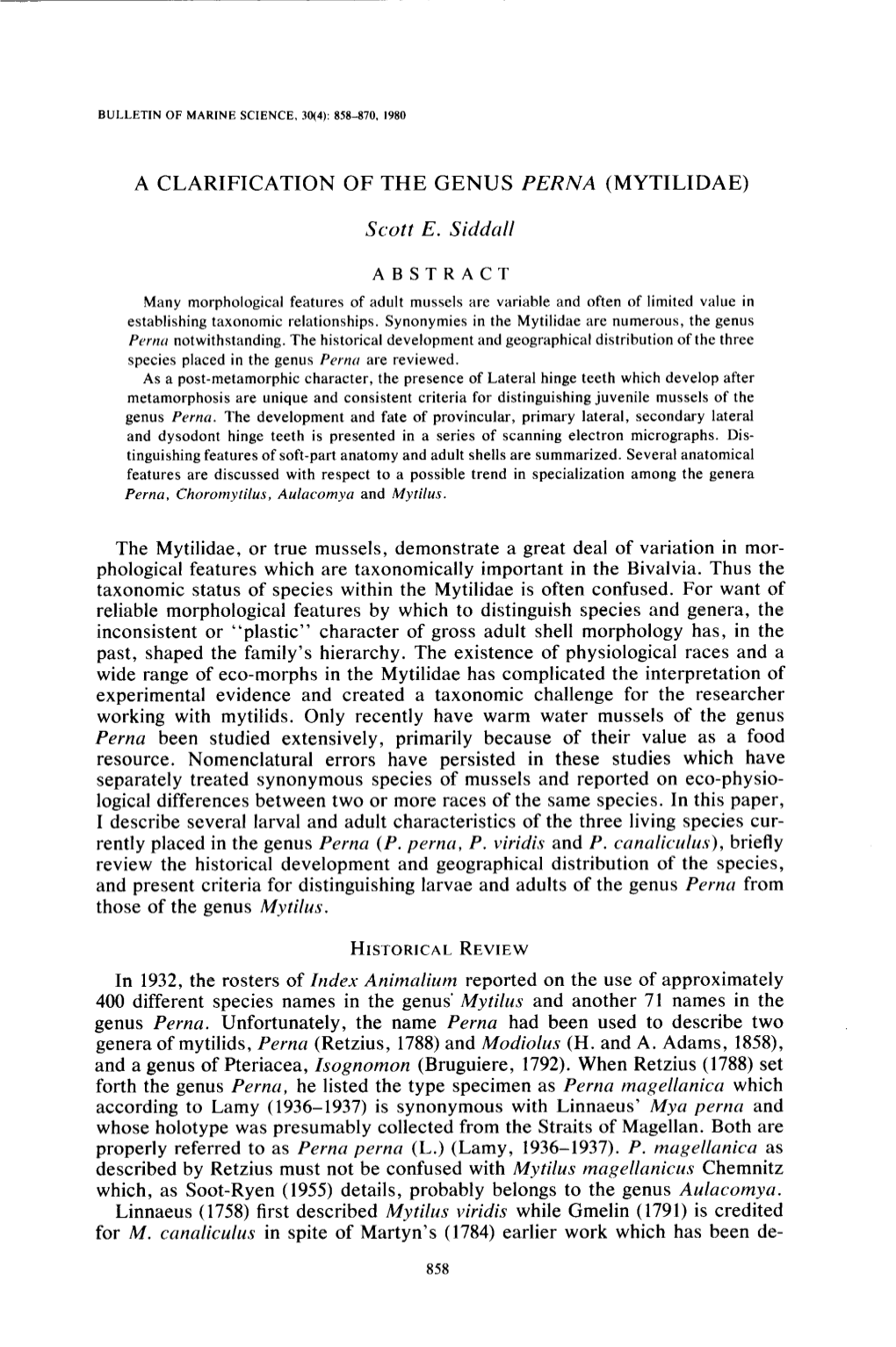 A CLARIFICATION of the GENUS PERNA (MYTILIDAE) Scott E. Siddull