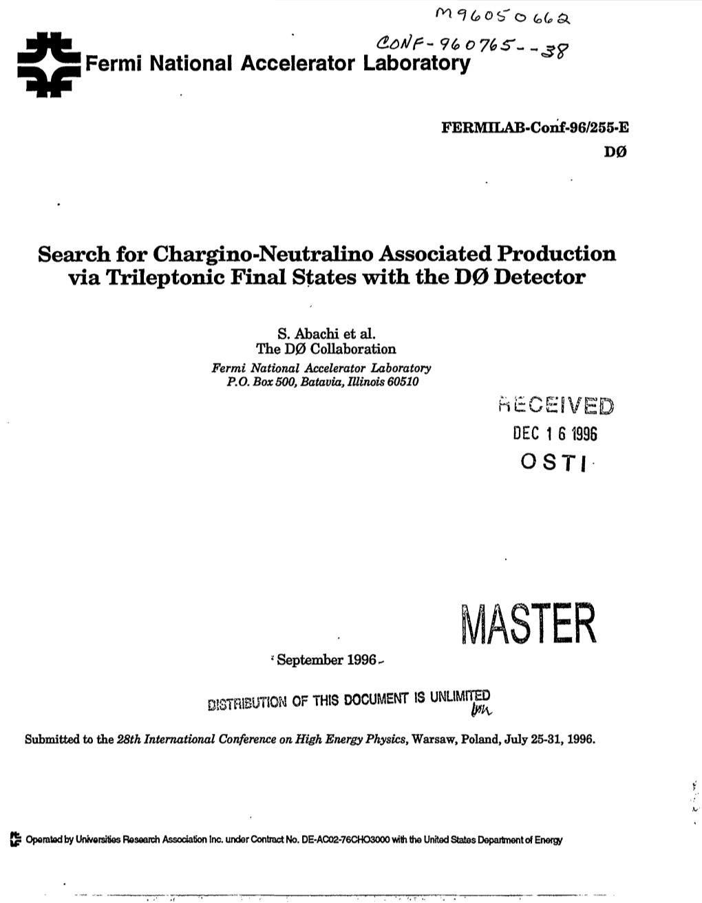 Search for Chargino-Neutralino Associated Production Via Trileptonic Final States with the D0 Detector