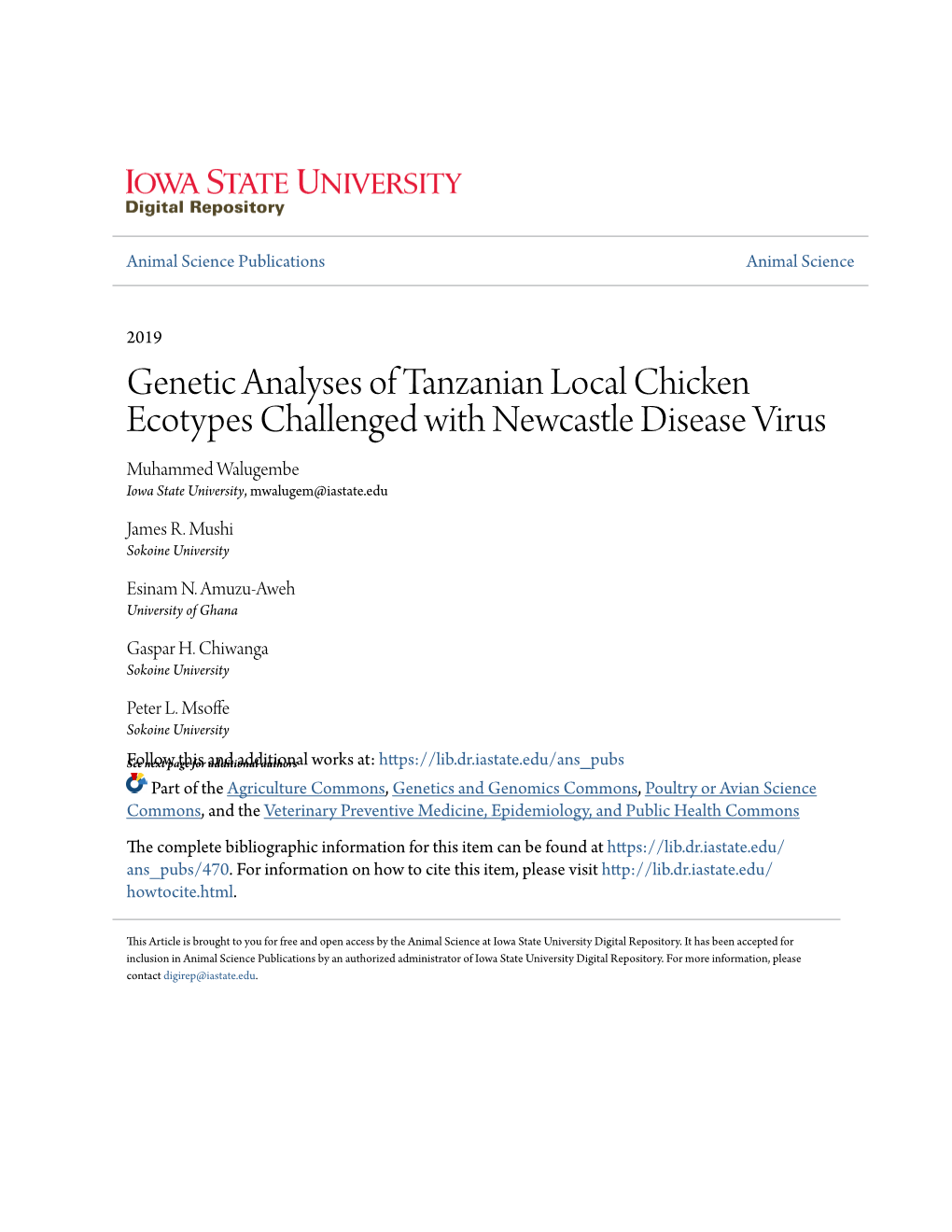Genetic Analyses of Tanzanian Local Chicken Ecotypes Challenged with Newcastle Disease Virus Muhammed Walugembe Iowa State University, Mwalugem@Iastate.Edu
