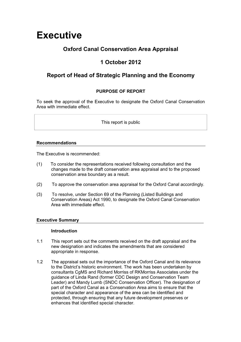 12 10 01 Oxford Canal Executive Report CSA PDF 85 KB