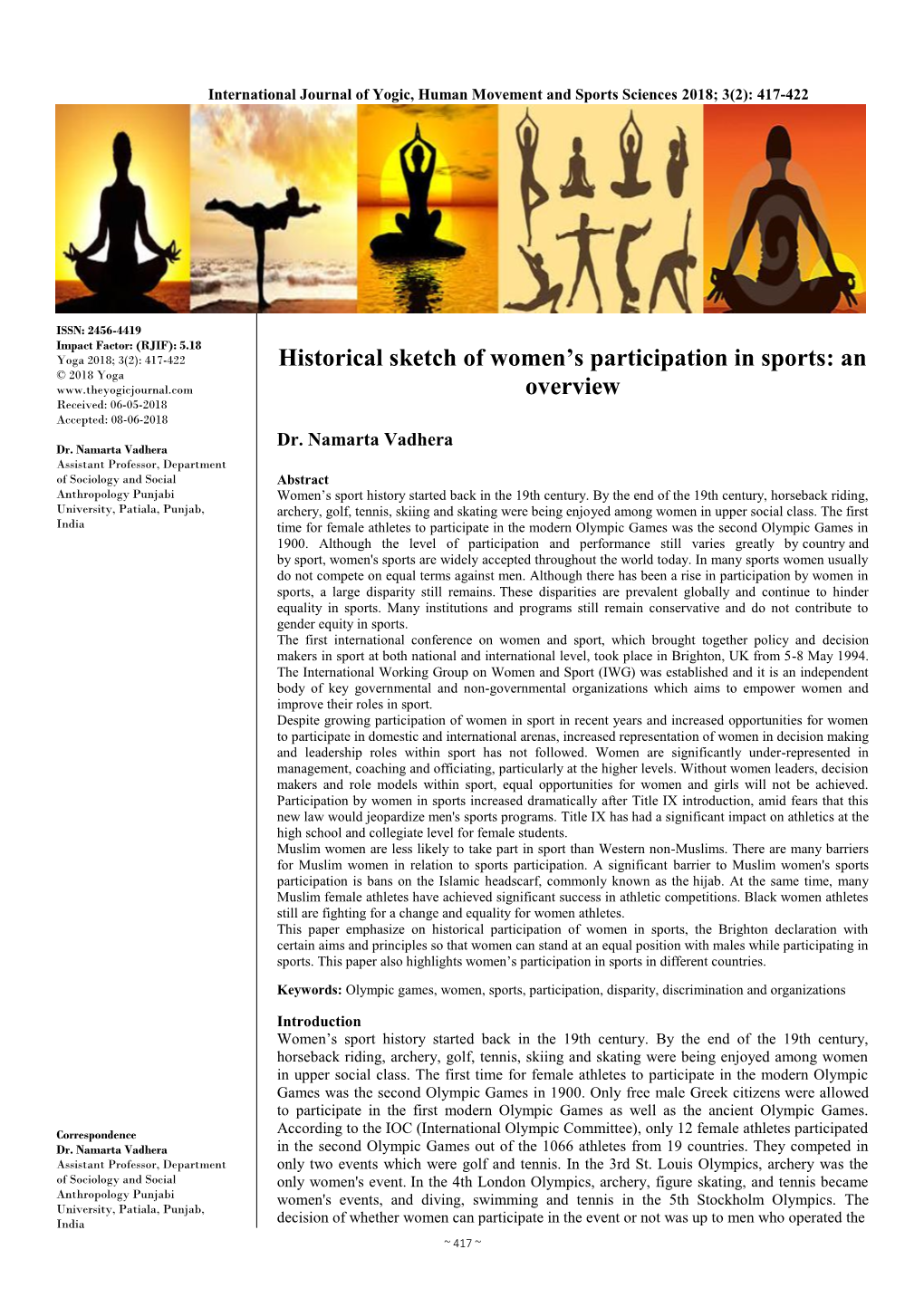 Historical Sketch of Women's Participation in Sports: an Overview