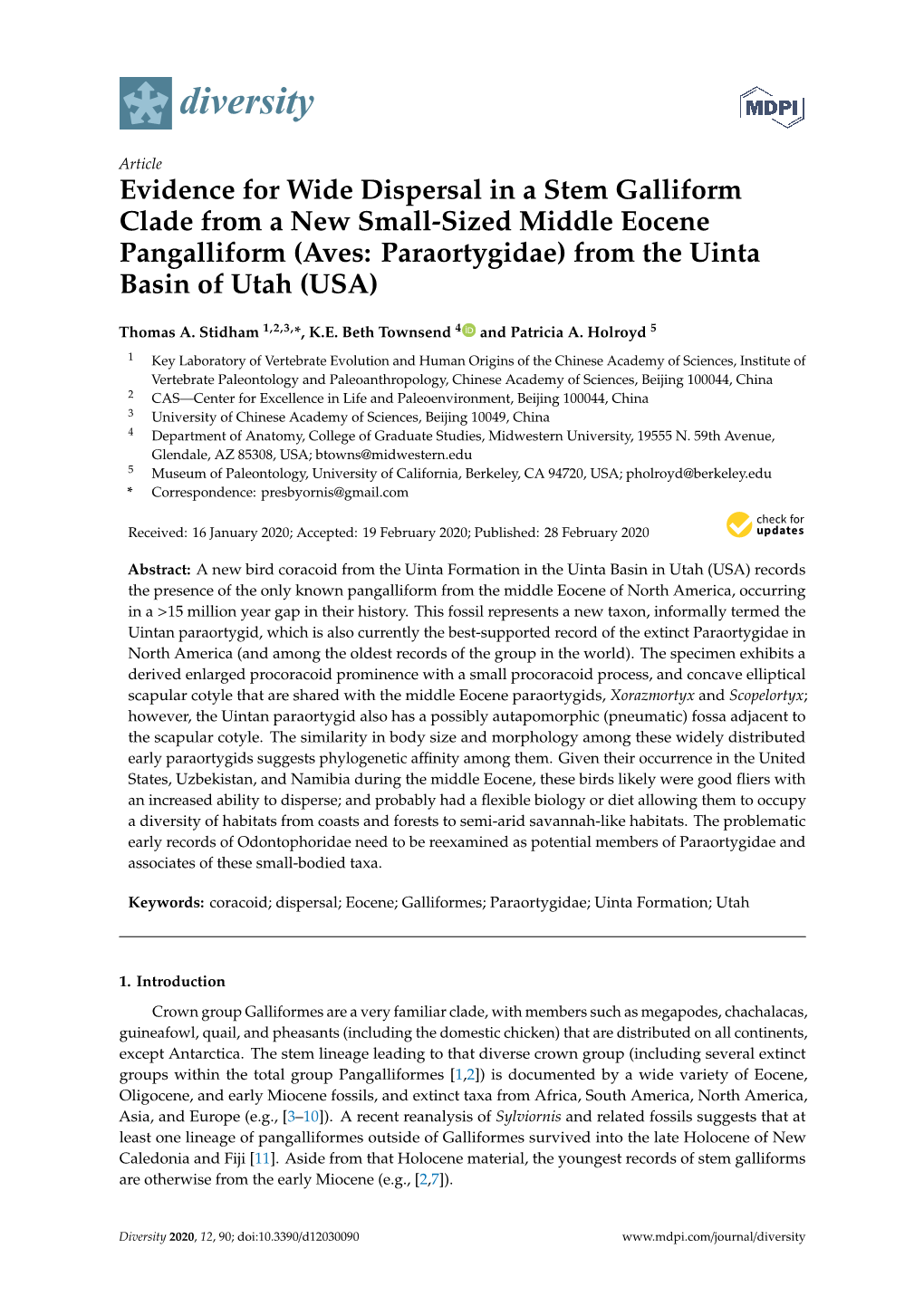 Evidence for Wide Dispersal in a Stem Galliform Clade from a New Small-Sized Middle Eocene Pangalliform (Aves: Paraortygidae) from the Uinta Basin of Utah (USA)