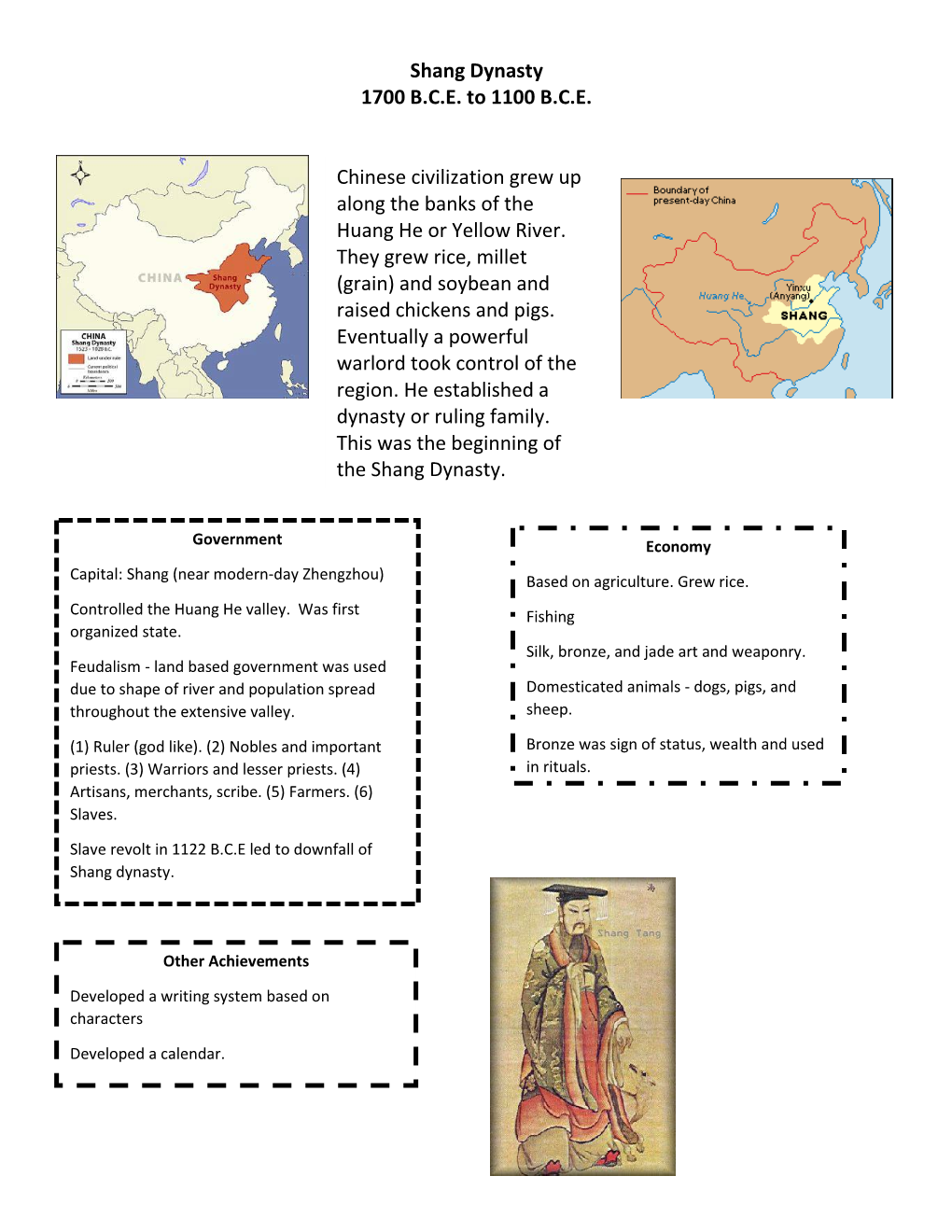 Shang Dynasty 1700 B.C.E. to 1100 B.C.E. Chinese Civilization Grew up Along the Banks of the Huang He Or Yellow River. They Grew