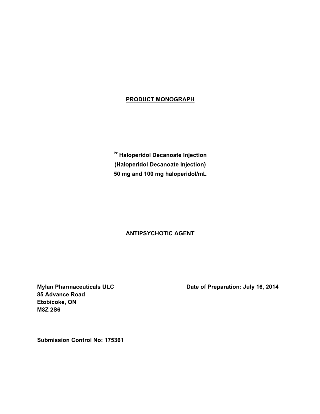 PRODUCT MONOGRAPH Pr Haloperidol Decanoate Injection