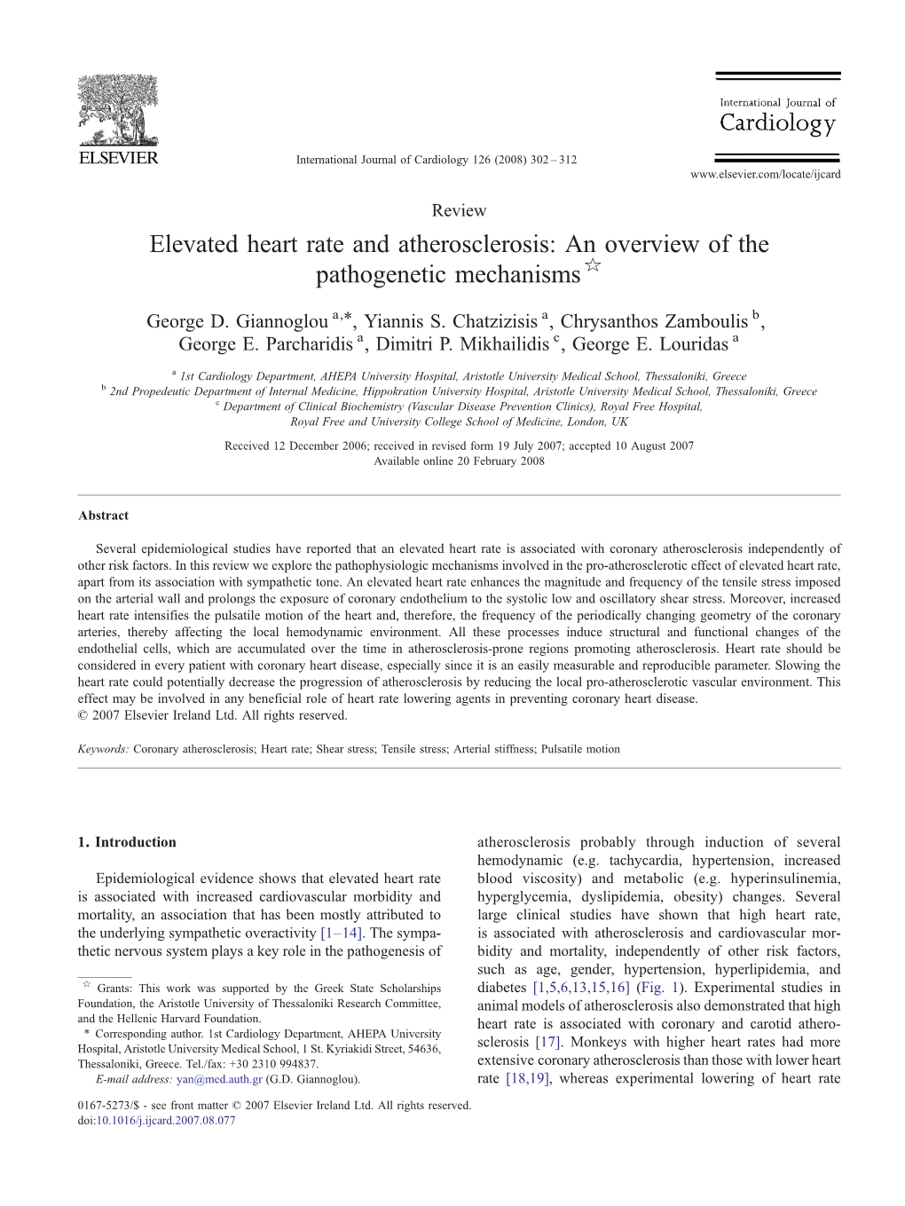 Elevated Heart Rate and Atherosclerosis: an Overview of the Pathogenetic Mechanisms☆ ⁎ George D