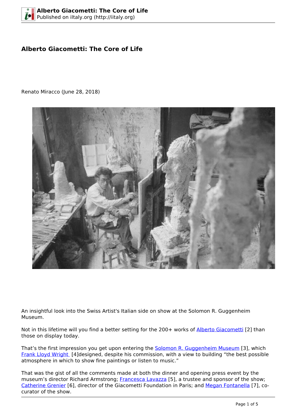 Alberto Giacometti: the Core of Life Published on Iitaly.Org (