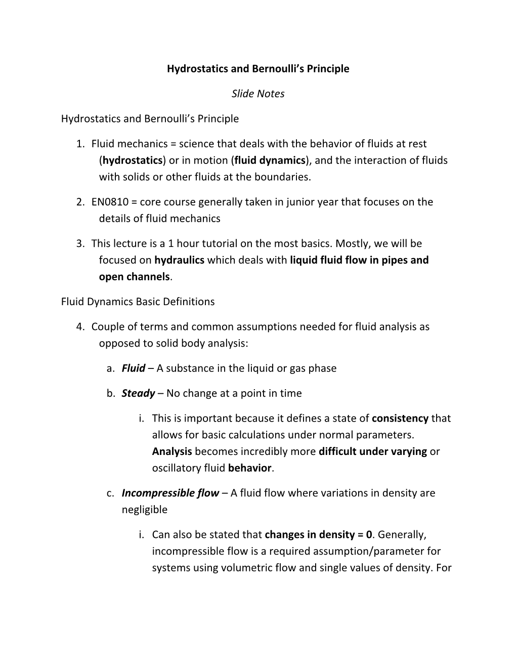 Hydrostatics and Bernoulli's Principle Slide Notes Hydrostatics And