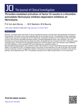 Thrombin-Mediated Activation of Factor XI Results in a Thrombin- Activatable Fibrinolysis Inhibitor-Dependent Inhibition of Fibrinolysis