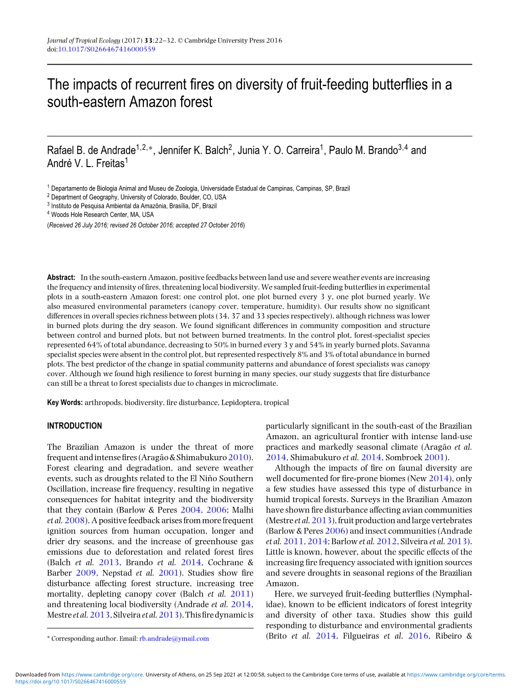 The Impacts of Recurrent Fires on Diversity of Fruit-Feeding Butterflies