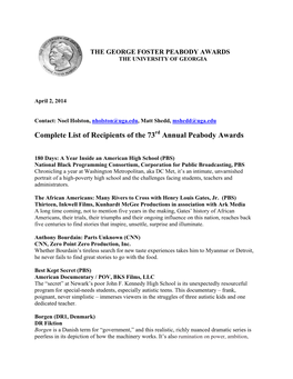 Complete List of Recipients of the 73 Annual Peabody Awards