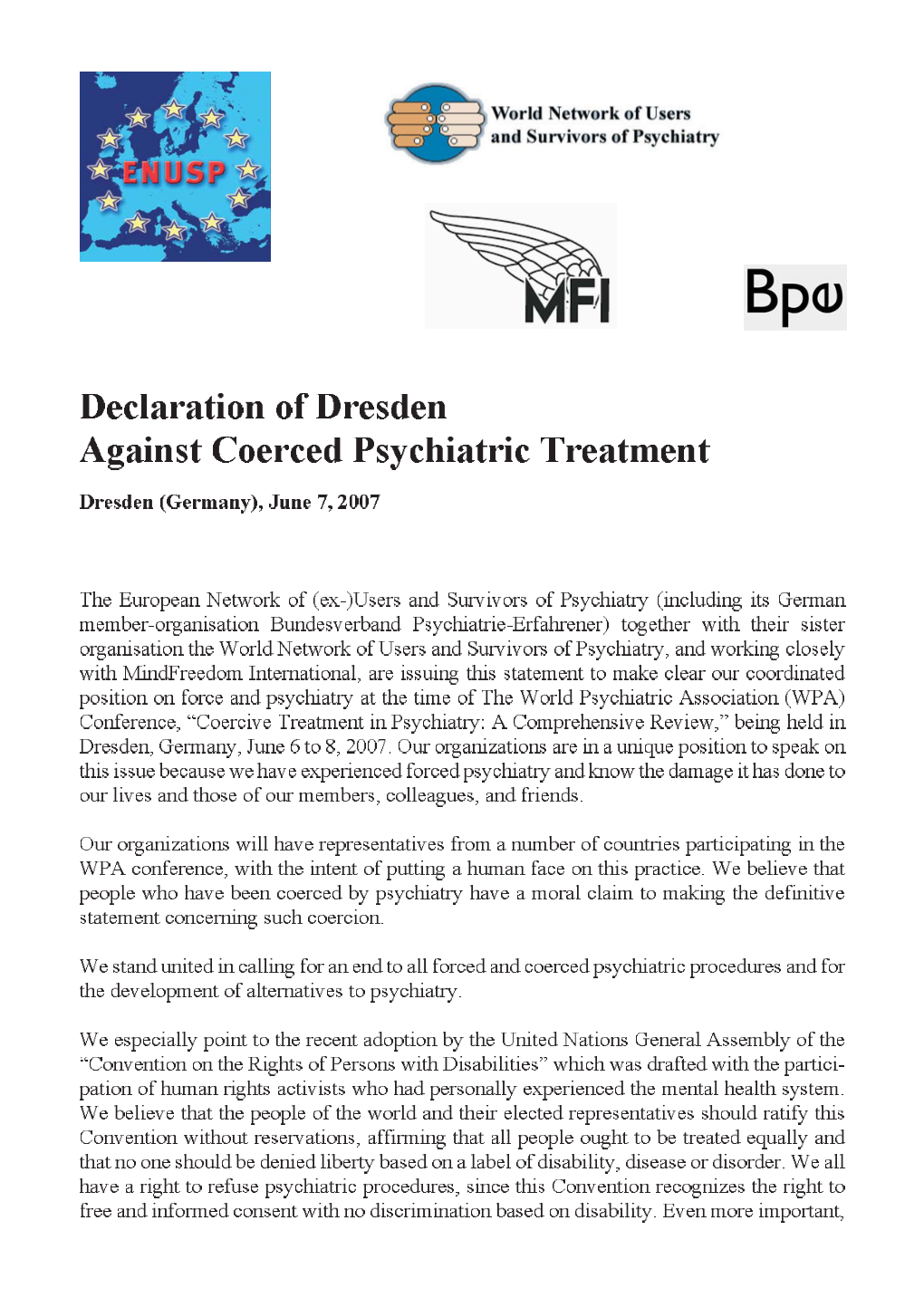 Declaration of Dresden Against Coerced Psychiatric Treatment