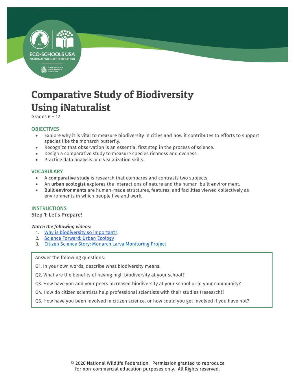 Comparative Study of Biodiversity Using Inaturalist Grades 6 – 12