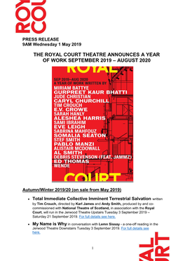 The Royal Court Theatre Announces a Year of Work September 2019 – August 2020
