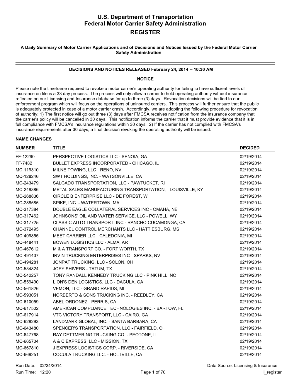 U.S. Department of Transportation Federal Motor Carrier Safety Administration REGISTER