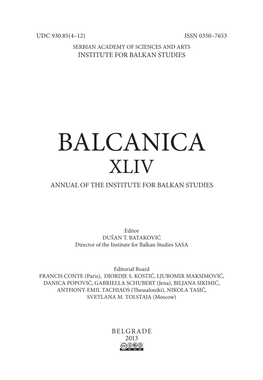 Balcanica Xliv Annual of the Institute for Balkan Studies