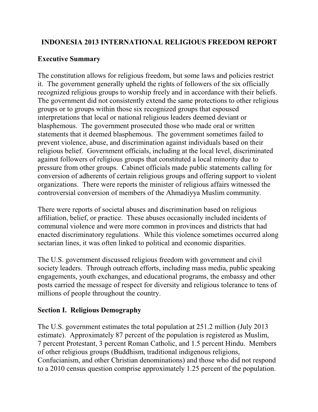 Indonesia 2013 International Religious Freedom Report