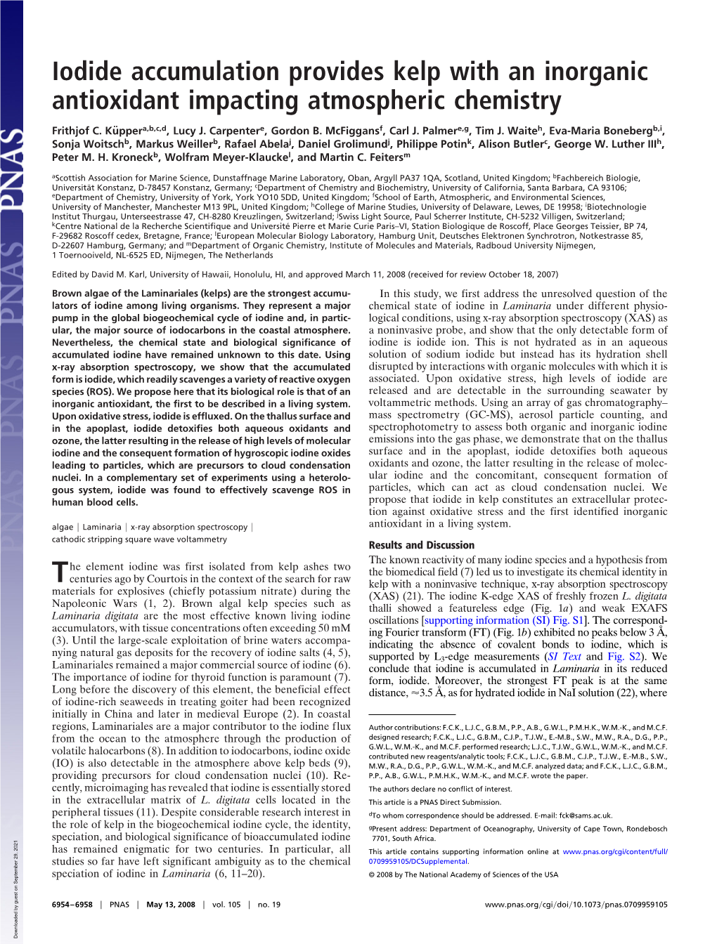 Iodide Accumulation Provides Kelp with an Inorganic Antioxidant Impacting Atmospheric Chemistry