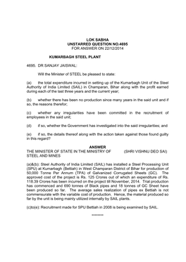 Lok Sabha Unstarred Question No.4695 for Answer on 22/12/2014