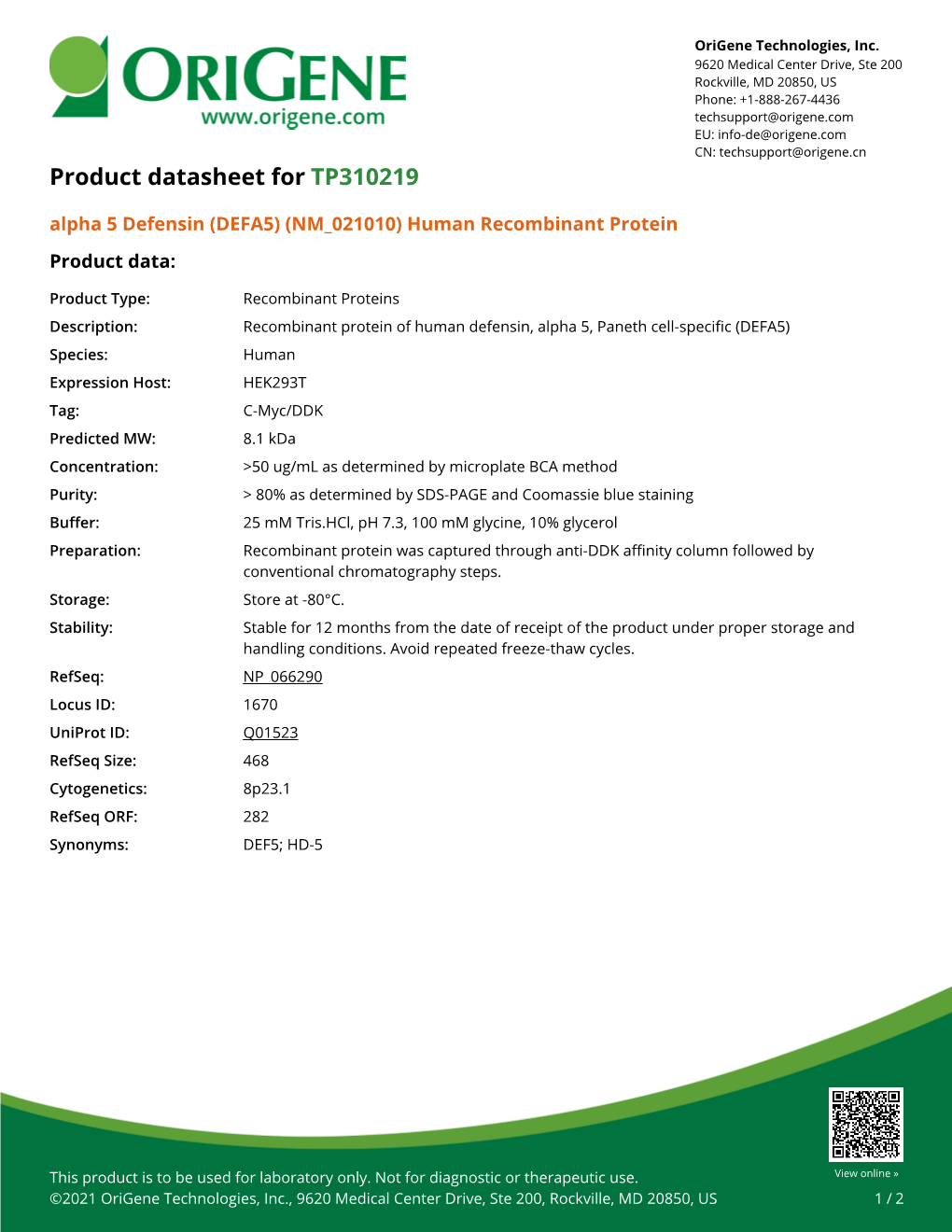 Alpha 5 Defensin (DEFA5) (NM 021010) Human Recombinant Protein – TP310219 | Origene