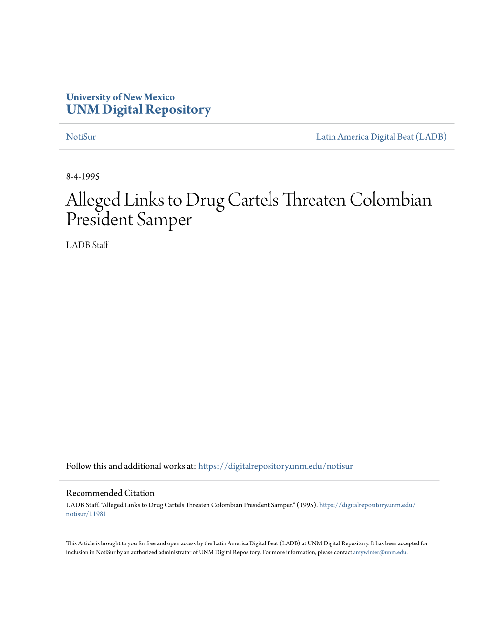 Alleged Links to Drug Cartels Threaten Colombian President Samper LADB Staff