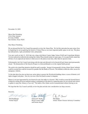 Read the Nov.18 Letter to Mayor Ron Nirenberg