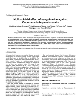 Molluscicidal Effect of Sanguinarine Against Oncomelania Hupensis Snails