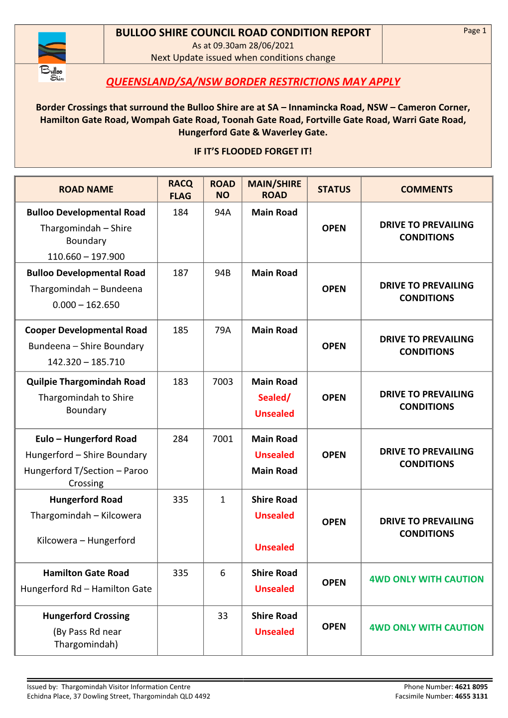 BULLOO SHIRE COUNCIL ROAD CONDITION REPORT Page 1 As at 09.30Am 28/06/2021 Next Update Issued When Conditions Change