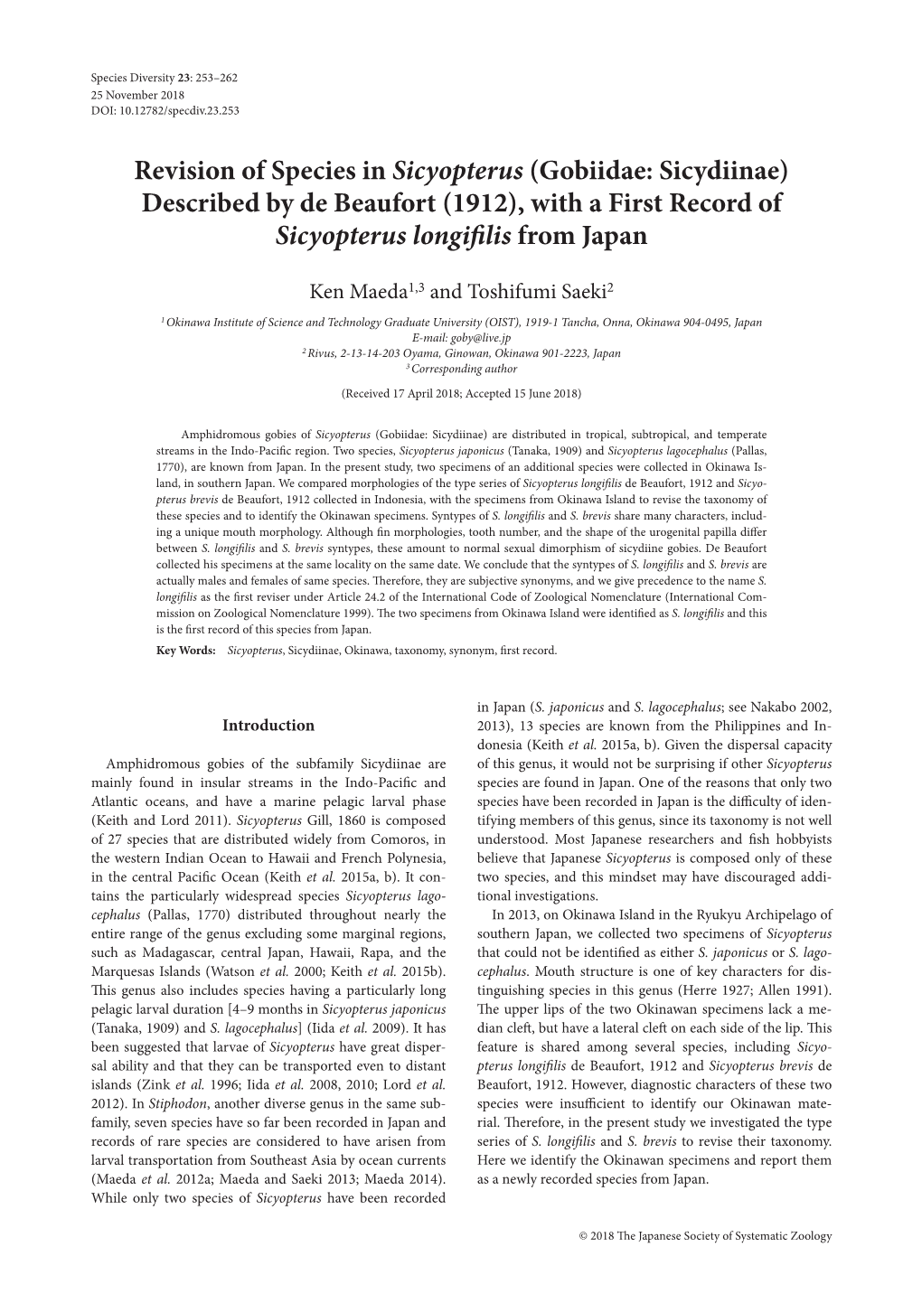 Revision of Species in Sicyopterus (Gobiidae: Sicydiinae) Described by De Beaufort (1912), with a First Record of Sicyopterus Longifilis from Japan